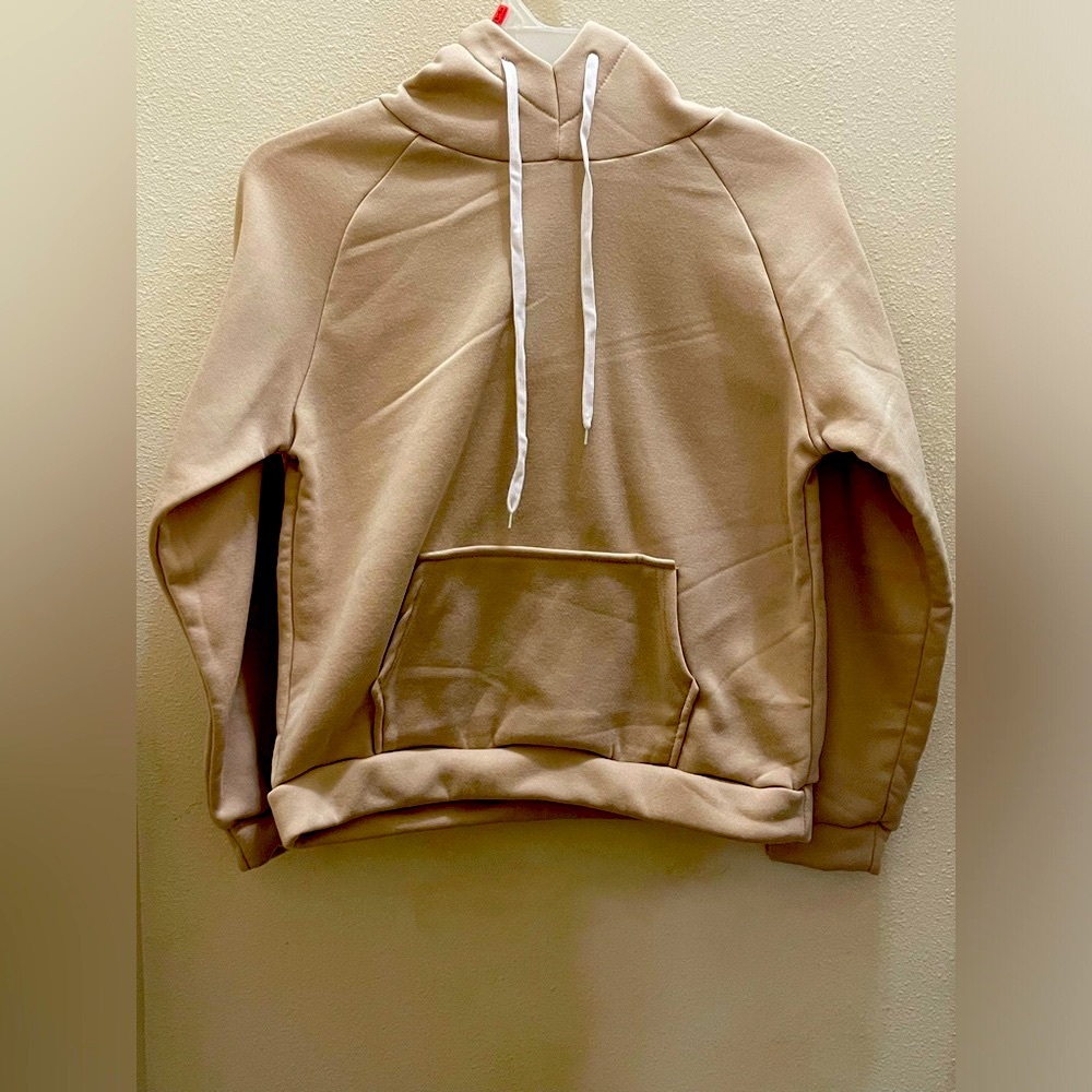 Beige Hoodie with White Drawstrings
